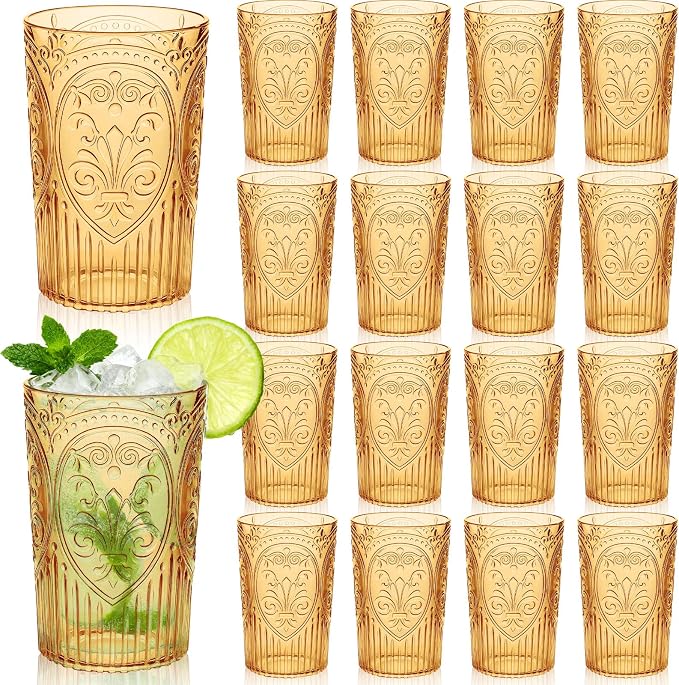 24 Pcs 16 oz Plastic Vintage Drinking Glasses Stemless Ribbed Highball Glasses by Unknown
