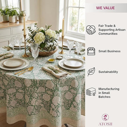 ATOSII Jade 100% Cotton Boho Round Tablecloth, Block Print Floral Table Cloth Linen for Dining, Parties, Weddings, Outdoors I Table Decor 72" Inches Diameter I