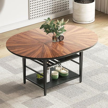 VFK 47.2"-63" Extendable Round Dining Table Set for 4–6, Solid Wood & Metal Table with Wine Rack Storage Shelf, Walnut Kitchen & Dining Room Furniture (1 Storage Table)