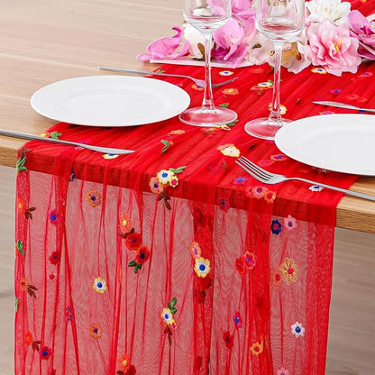 BINBE 3pcs Daisy Spring Table Runner Embroidery Gauze 10FT Florals Seasonal by BINBE