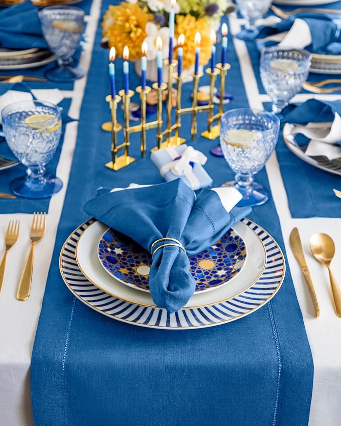 Solino Home 100% Pure Linen Table Runner Indigo Blue Hemstitch, 14 x 60 in | - Image 2