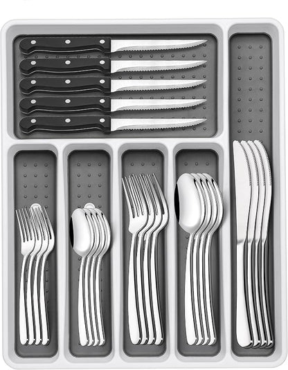 49-Piece Silverware Set with Organizer, Heavy Duty Stainless Steel Flatware Set by EWFEN