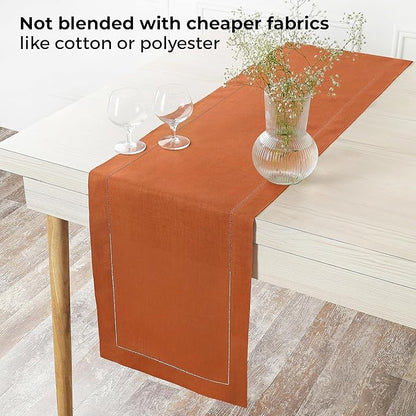 D'Moksha Homes Linen Rust Table Runner 36 Inches - 100% Pure Linen Small Table Runner 14 x 36 Inch Ideal for Dresser, Coffee Tables, Spring, Easter - Classic Hemstitch