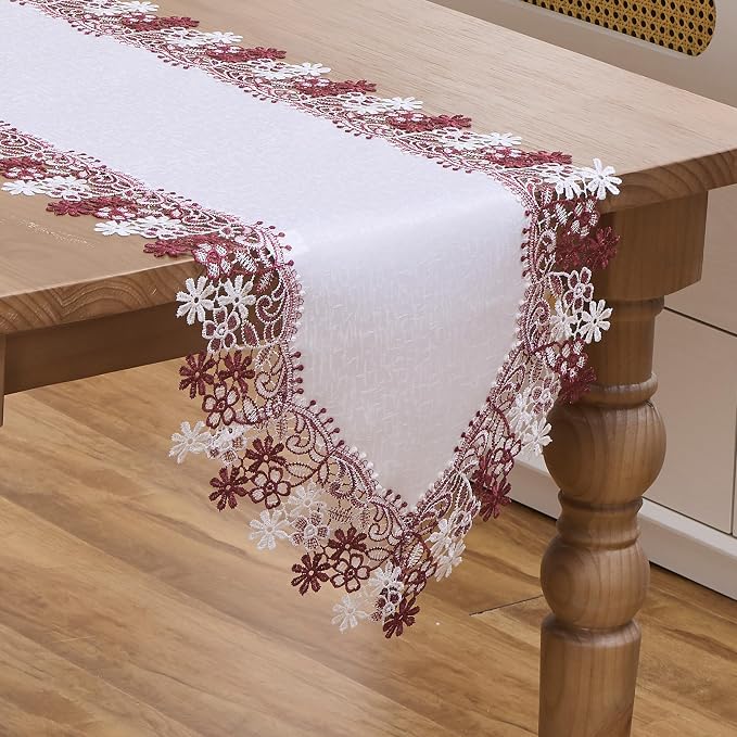 White Dark Red Floral Lace Table Runner Dresser Scarf | Christmas, Floral by Winotic