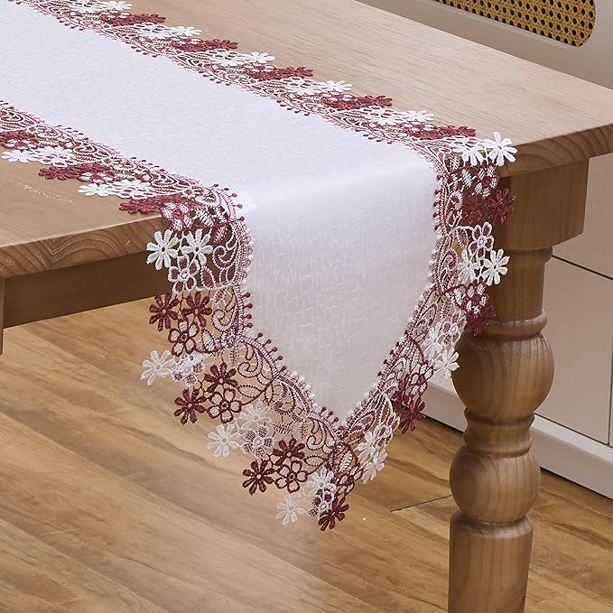 White Dark Red Floral Lace Table Runner Dresser Scarf | Christmas, Floral by Winotic
