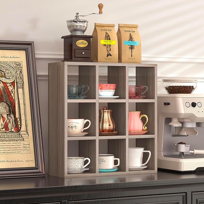 Helsin 9 Grid Vintage Coffee Mug Display Rack, 16inch Wall Mounted Wooden Curio - Image 2