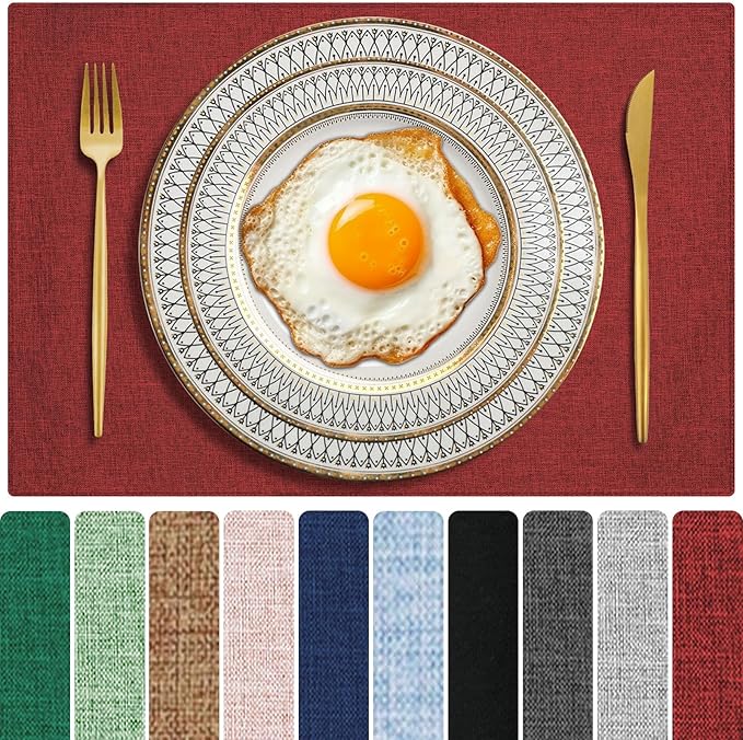 Red Cloth Placemats Set of 6, Cotton Linen Blend Machine Washable Double Layered Durable Place Mats Heat Resistant Placemats Wrinkle Free Thick Fabric Dining Table Mats (Red, 6)