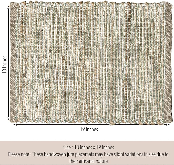 Natural Jute Sage Green-White Placemats, 13x19 | Rustic Handmade Boho Table Mats - Image 2