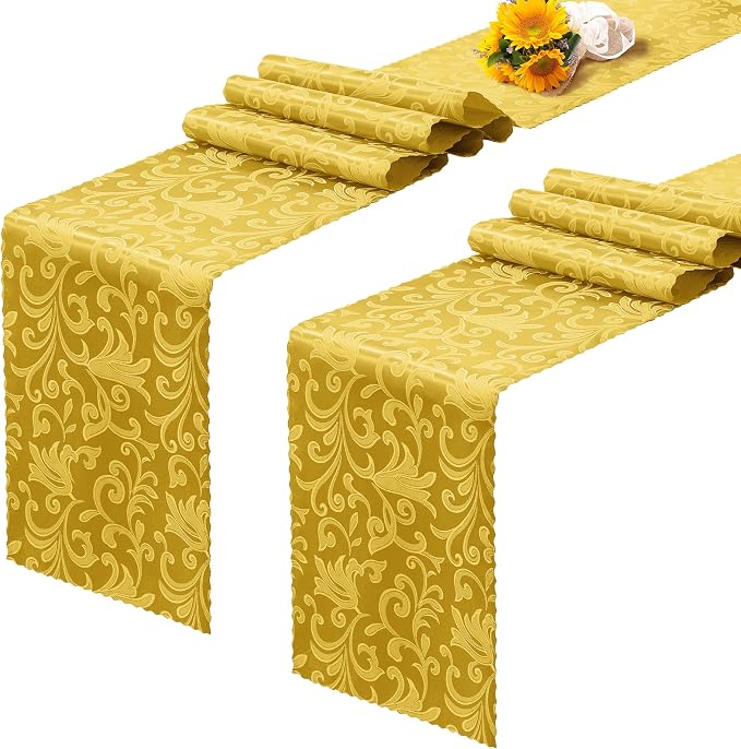 RUDONG M Gold Satin Table Runners, 12 x 108 Inch, 2 Pack | Long Silky Damask by RUDONG+M