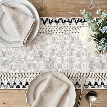 Macrame Side Trim Boho Woven Table Runner, Handmade Feel Ivory Cotton Base - Image 3