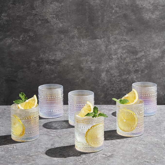 Hobnail Beaded Lowball Drinking Tumbler Glasses | Set of 6 | Iridescent Pearl - Image 7
