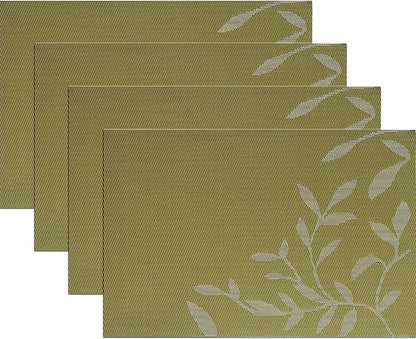 Leaf Placemats Set of 4 Non-Slip Heat-Resistant Vinyl Washable Place Mats for Kitchen Table Indoor Outdoor Durable (18"x12", Green)
