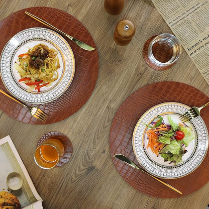Round Leather Placemats for Round Tables Set of 8, Brown Table Place Mats and Coasters, Washable Easy to Care for Indoor Decor 13" Diameter