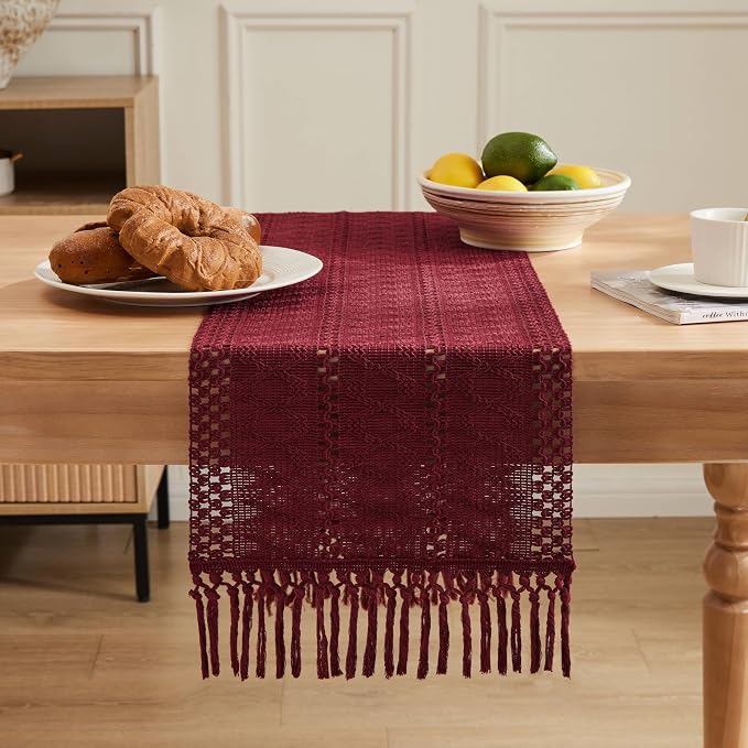 Macrame Style Boho Table Runner, 12x48 Inch Burgundy | Woven Boho Table Runner - Image 2