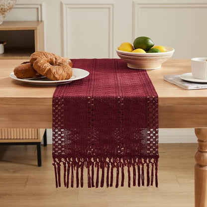 Macrame Style Boho Table Runner, 12x48 Inch Burgundy | Woven Boho Table Runner - Image 2