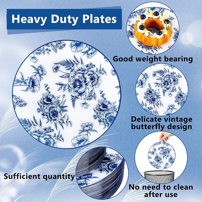 60PCS Blue Floral Plates Disposable - Image 3