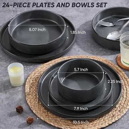 E-far Dinnerware Sets with Pasta Bowls, 24-Piece Stoneware Plates and Bowls Sets for 6 | Microwave & Dishwasher Safe Kitchen Modern Dish Set, Deep Gray