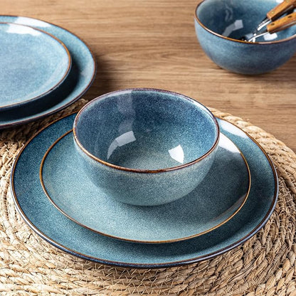 AmorArc Ceramic Dinnerware Sets for 6, 18 Pieces Handpainted Plates and Bowls Set, Scratch Resistant Stoneware Dishes Set, Dishwasher & Microwave Safe, Ceylon Blue
