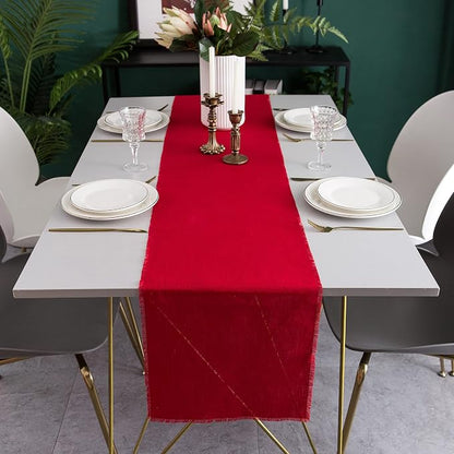 Christmas Table Runner with Fringe- 14x72 Inch Red, 100% Pure Linen Christmas by LinksloveHome