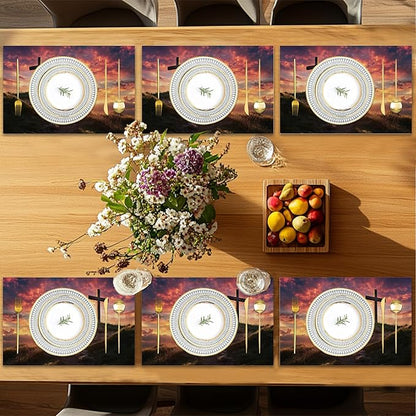 Cross Placemats Set of 6,Sunset Table Mates Non-Slip Heat Resistant Washable Linen Place Mats for Party Kitchen Dining Decoration Indoor Outdoor 12"x18"