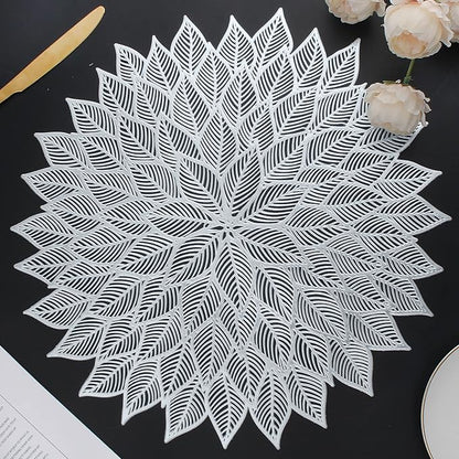 Placemats Set of 4, Round Hollow Out Flowers Place Mats for Dining Table Pressed Vinyl Blooming Leaf Table Mats for Holiday Party Wedding Accent Centerpiece Dinner Table Decoration (Silver)