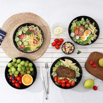 Sureasy Pasta Bowls Set of 4-30oz Large Embossed Salad Bowls, 8.5 Inch Wide and Shallow Plate Bowls, Salad Bowl, Microwave, Oven & Dishwasher Safe, Black