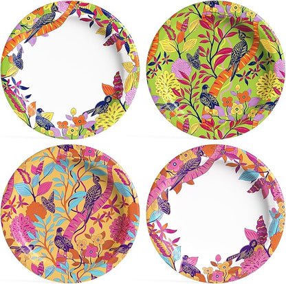 MUCHII 10 Inch Paper Plates 120 Count, Floral Bird Design Disposable floral Plates for Thanksgiving Day, Wedding, Party, Dinner, Holiday - 4 Vintage Colors (30 Each)