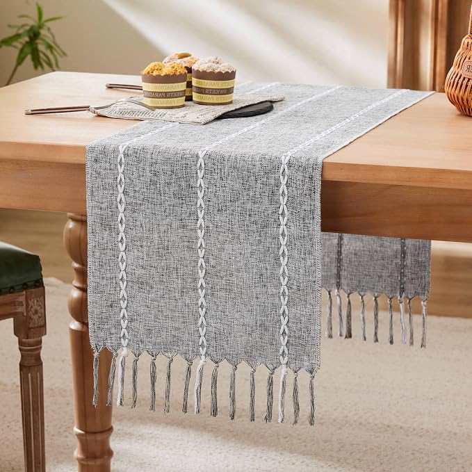 Braided Farmhouse Table Runner, Braided Charcoal 13x108 Inch, Cotton Linen by Unknown