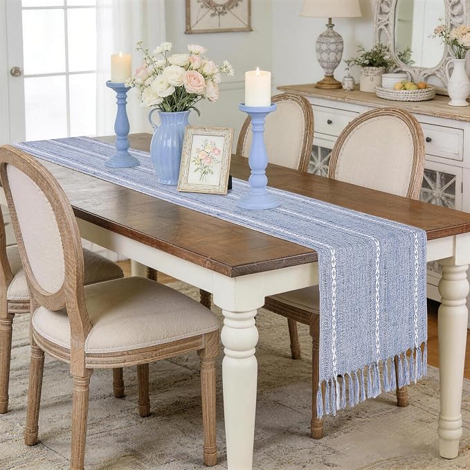 Dusty Blue Table Runner 15 x 72 Inches, Spring Summer Cotton Linen Farmhouse - Image 2