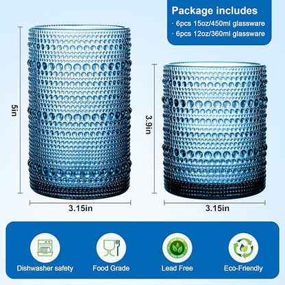 KMIGRUAN Hobnail Drinking Glasses Set of 12, 15Oz & 12Oz Cocktail Glasses | - Image 2