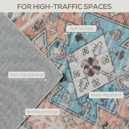 HOMCOM Washable Area Rug, 5'x7' Vintage Indoor Distressed Carpet, Retro Floor Cover Foldable, Floral Print Mat for Living Room, Bedroom, Dining Room, Brown and Blue