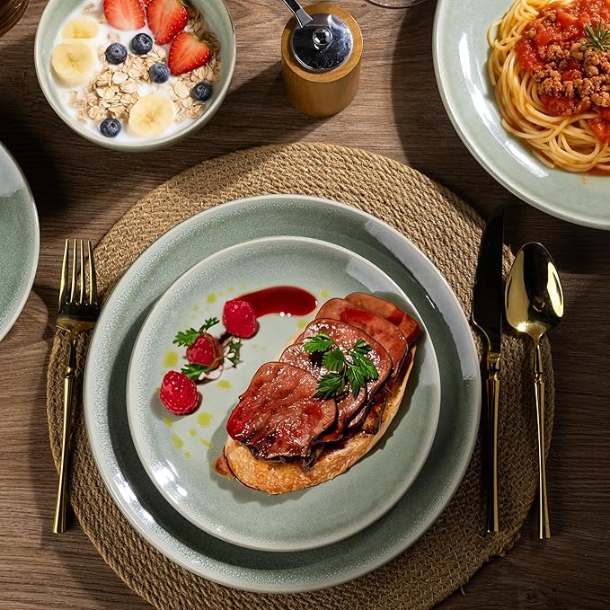 AmorArc Ceramic Dinnerware Sets for 6, 18 Pieces Handpainted Plates and Bowls Set, Scratch Resistant Stoneware Dishes Set, Dishwasher & Microwave Safe, Olive Green