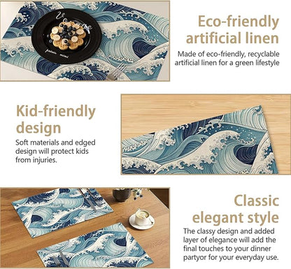 Table Placemats Set of 6, Waterproof Linen Fabric, Non-Slip Backing & Easy Clean, Elegant Dining Table Protectors for Family and Guests(Japanese Waves)