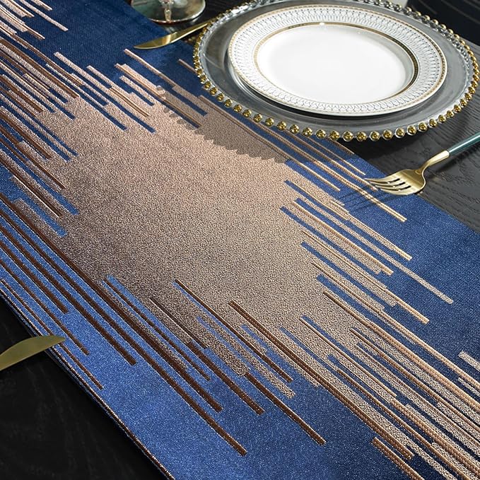 Luxury Modern Blue Table Runner, Elegant Abstract Striped, Tassels | Table - Image 5