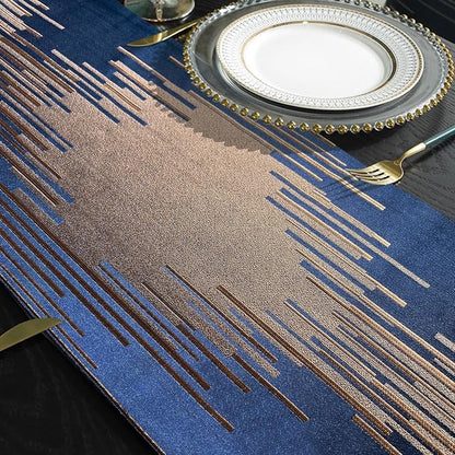 Blue Luxury Table Runner, Modern Geometric Lines, Fancy Ring Tassel | Table - Image 5