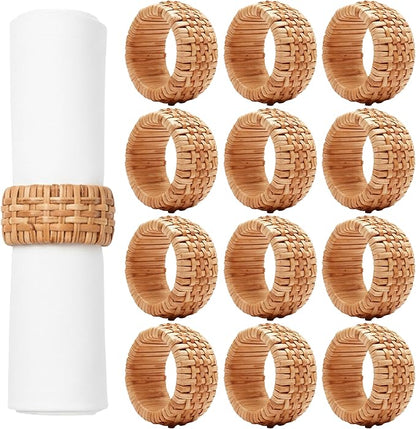 ALPHA Living HOME Natural Rattan Napkin Rings Set of 12 - Handcrafted Cane Serviette Holders for Table Decor, Weddings, Parties, Dinners, Rustic Boho Style Napkin Rings Set (Brown)