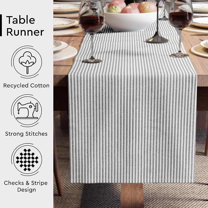 Encasa XO Table Runner, Woven Cotton Dining Runner 13"x94" | Ticking Black - Image 3