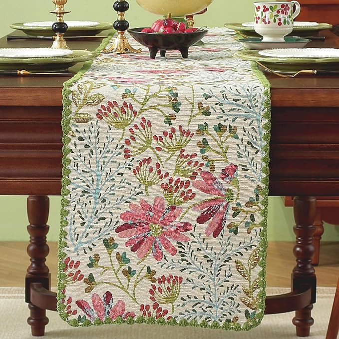 Boho Botanical Floral Lace Table Runner Green 12 x 82 Inch | Jacquard Weave - Image 2