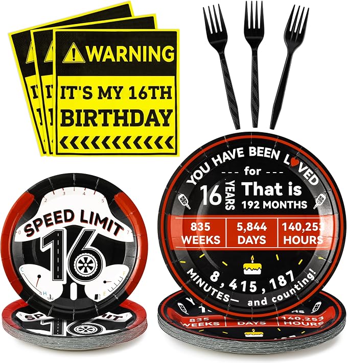 96Pcs 16th Drivers License 16 Years Old Warning Steering Wheel Party Plates by G1ngtar