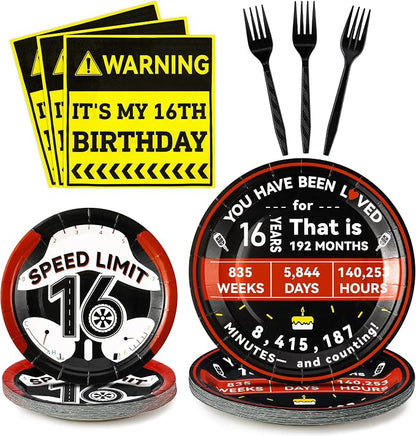 96Pcs 16th Drivers License 16 Years Old Warning Steering Wheel Party Plates by G1ngtar