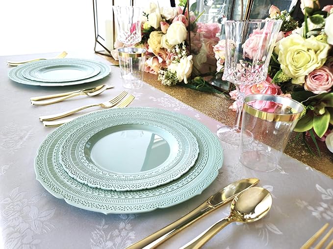 " OCCASIONS " 120 Plates Pack,(60 Guests) Extra Heavyweight Vintage Wedding Disposable/Reusable Plastic Plates 60 x 11'' Dinner + 60 x 8.25'' Salad/Dessert Plate (Chateau in Mint)