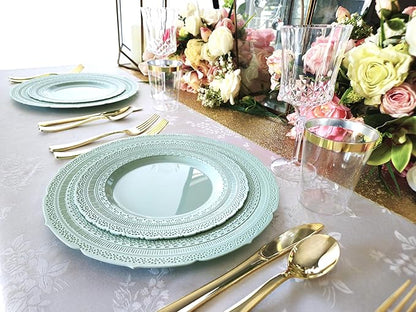 " OCCASIONS " 240 Plates Pack,(120 Guests) Extra Heavyweight Vintage Wedding Disposable/Reusable Plastic Plates 120x11'' Dinner + 120x8.25'' Salad/Dessert Plate (Chateau Mint)