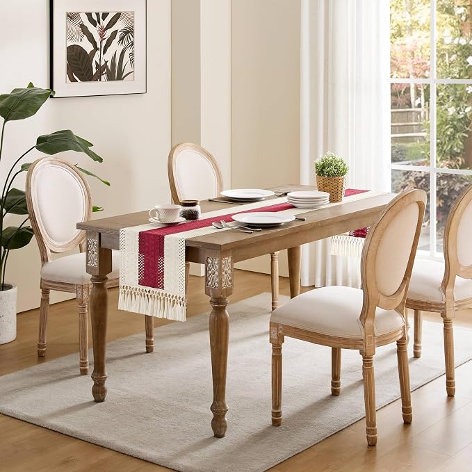 Macrame Style Bicolor Stitching Table Runner 14x60in Red | Woven Boho Table - Image 3
