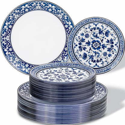Hioasis 60pcs Blue Plastic Plates Set - Floral Blue & White Porcelain Design, 10.25" Dinner & 7.5" Dessert Plates Disposable for Wedding (Dishwasher Safe, Art Style)