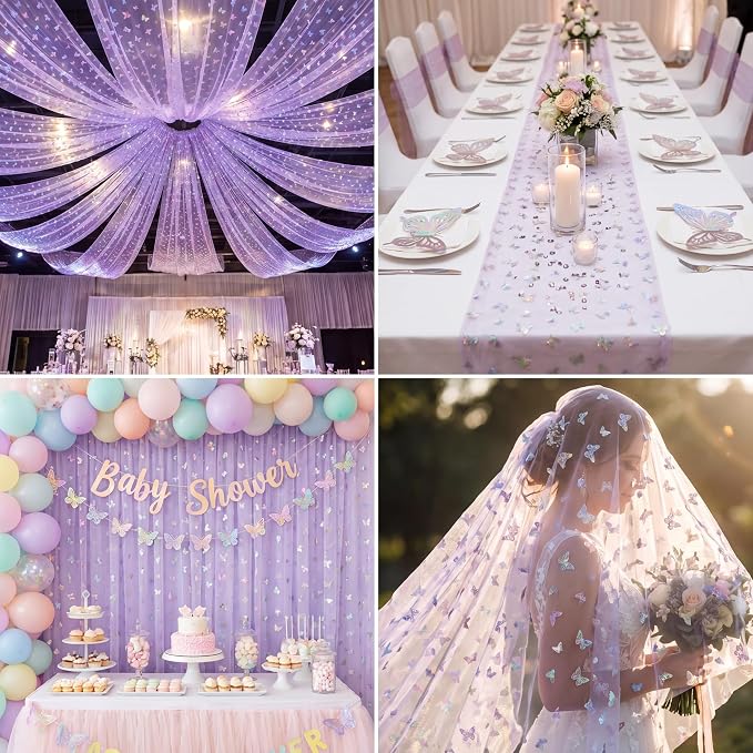 4 Pcs Iridescent Butterfly Table Runner 29 x 70 Inch Purple Glitter Gradient - Image 6