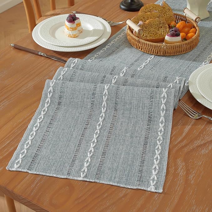 Boho Cotton Linen Blue Table Runner, Farmhouse Woven Table Runners Spring by Niviy
