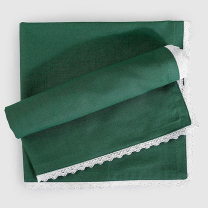 FINGERCRAFT Dinner Cloth Napkin Cotton Blend 4 Pack Vintage Rustic Premium Quality Mitered Corners Napkin Cloth with Elegant Lace for Everyday Use, Pre Shrunk and Good Absorbency 20x20 in Eden Green