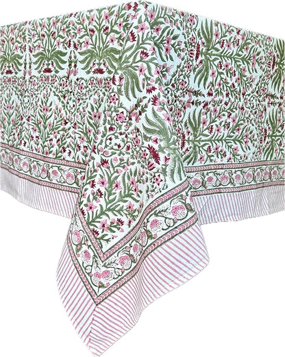ATOSII Nargis Pink 100% Cotton Rectangle Boho Spring Summer Tablecloth, Handblock Floral Table Cloth Linen for Kitchen Dining I Parties Wedding Outdoors Easter I 72 X 120 Inches I 10 Seater
