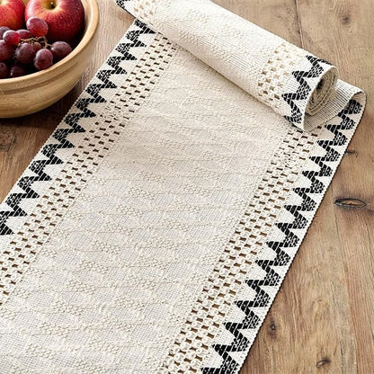 Macrame Side Trim Boho Woven Table Runner, Handmade Feel Ivory Cotton Base - Image 4