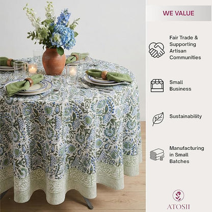 ATOSII Clover Blue 100% Cotton Round Boho Fall Tablecloth, Handblock Floral Table Cloth Linen for Kitchen Dining I Parties Outdoors Christmas Thanksgiving Fall Home Decor 72" Inches Round I 4-6 Seater